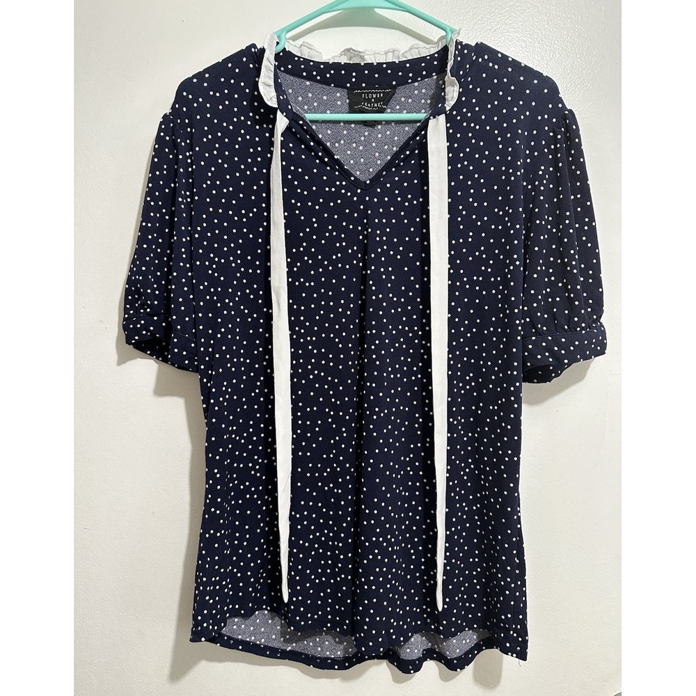 90s Vintage Short Sleeve White Polka Dot Tie Up Bow Sailor Blouse Navy Blue